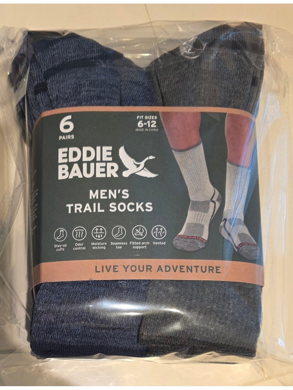 Eddie Bauer Men's Trail Socks 6 Pairs Size 6-12 Moisture Wicking Arch Support